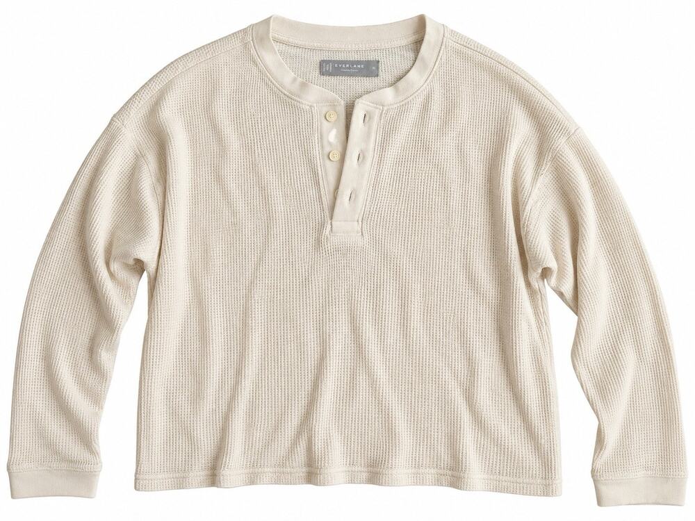 Everlane Women’s Medium Organic Boxy Cotton Waffle Henley Ivory Long Sleeve